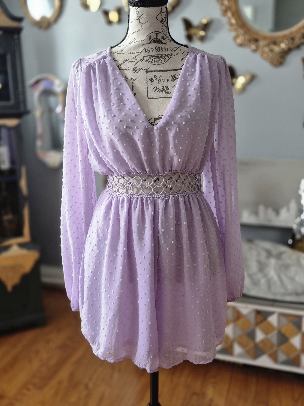Lilac Swiss Dot V-Neck Romantic Romper Small